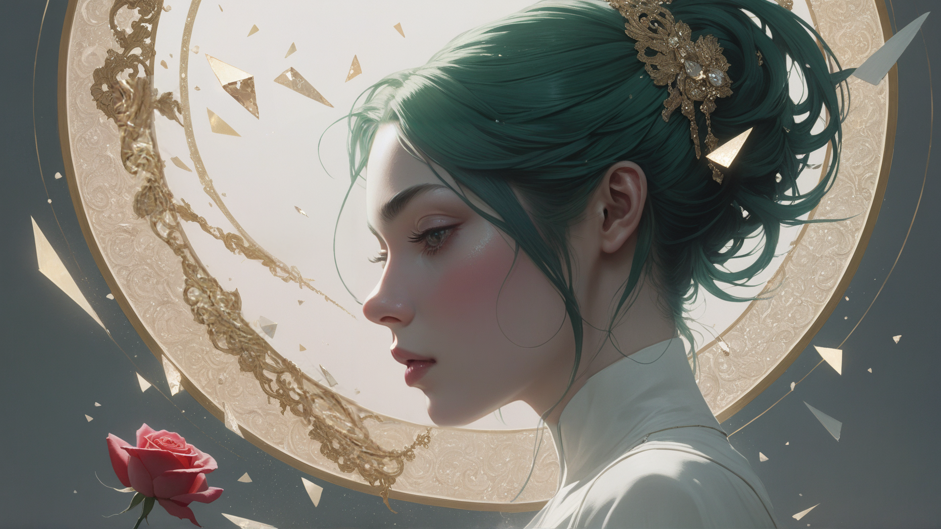 AI generated wallpaper featuring woman, moon, rose