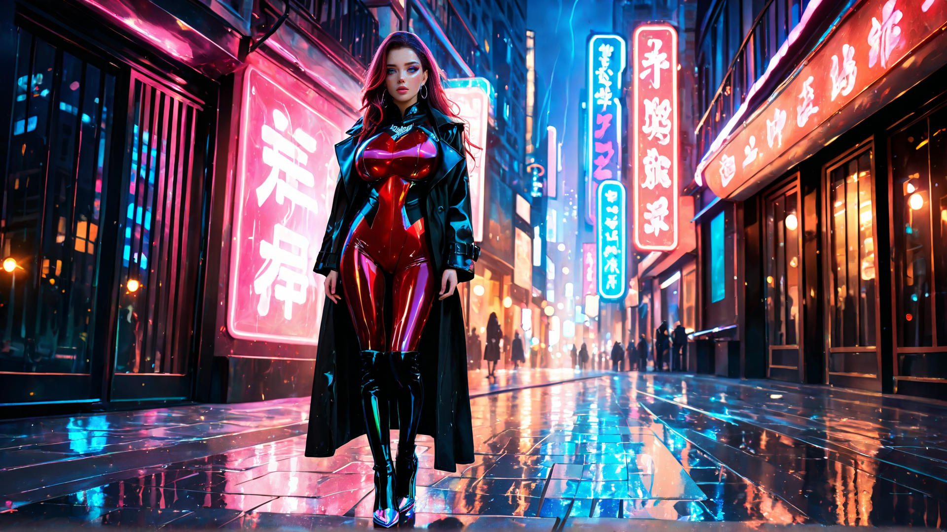 AI generated wallpaper featuring woman, neon, city