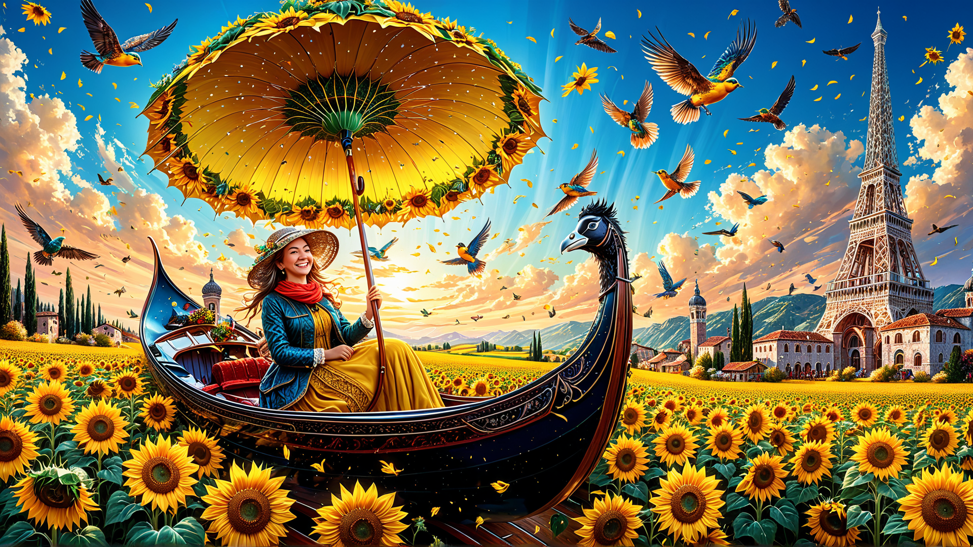 AI generated wallpaper featuring woman, sunflower, gondola