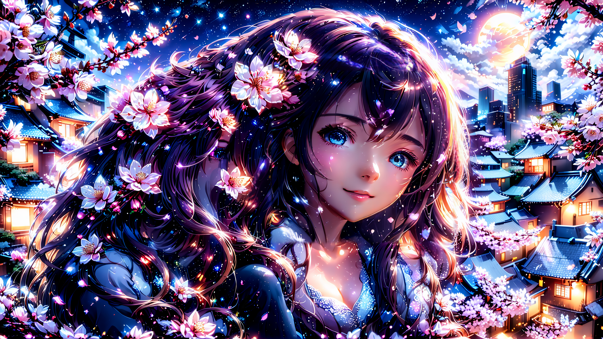 AI generated wallpaper featuring girl, cherry blossoms, city