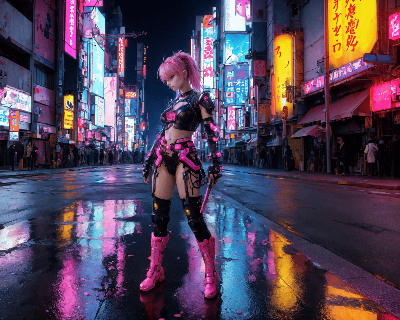 AI generated wallpaper featuring cyborg, woman, street