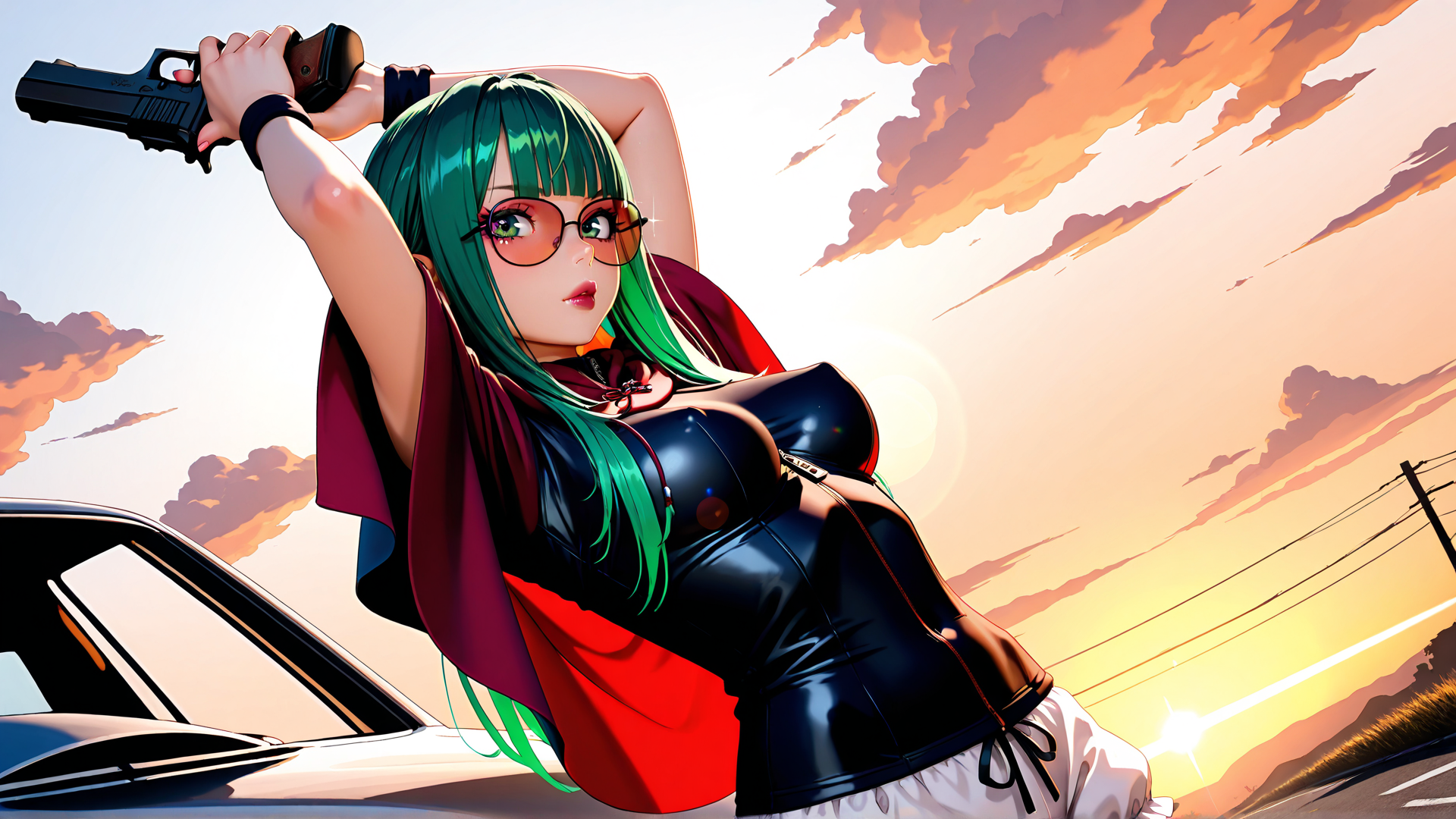 AI generated wallpaper featuring woman, gun, car, sunset, glasses, cape