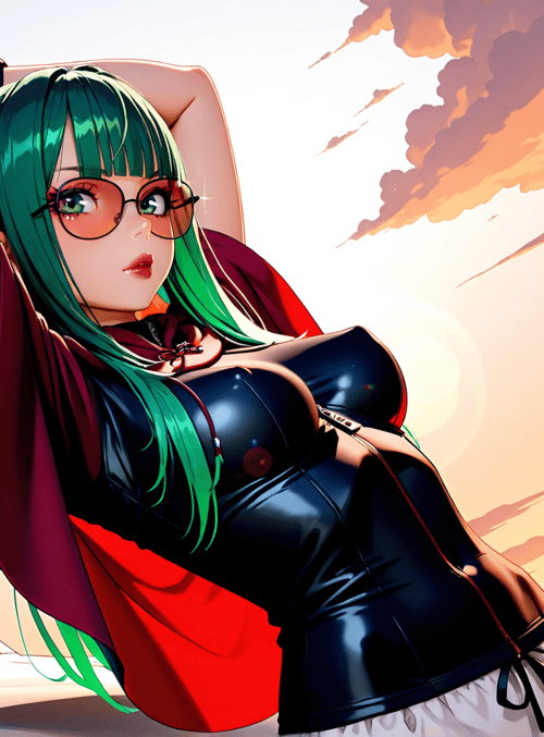 woman, gun, car, sunset, glasses, cape