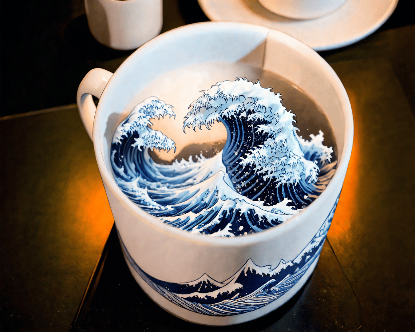 AI generated wallpaper featuring cup, wave, mountain