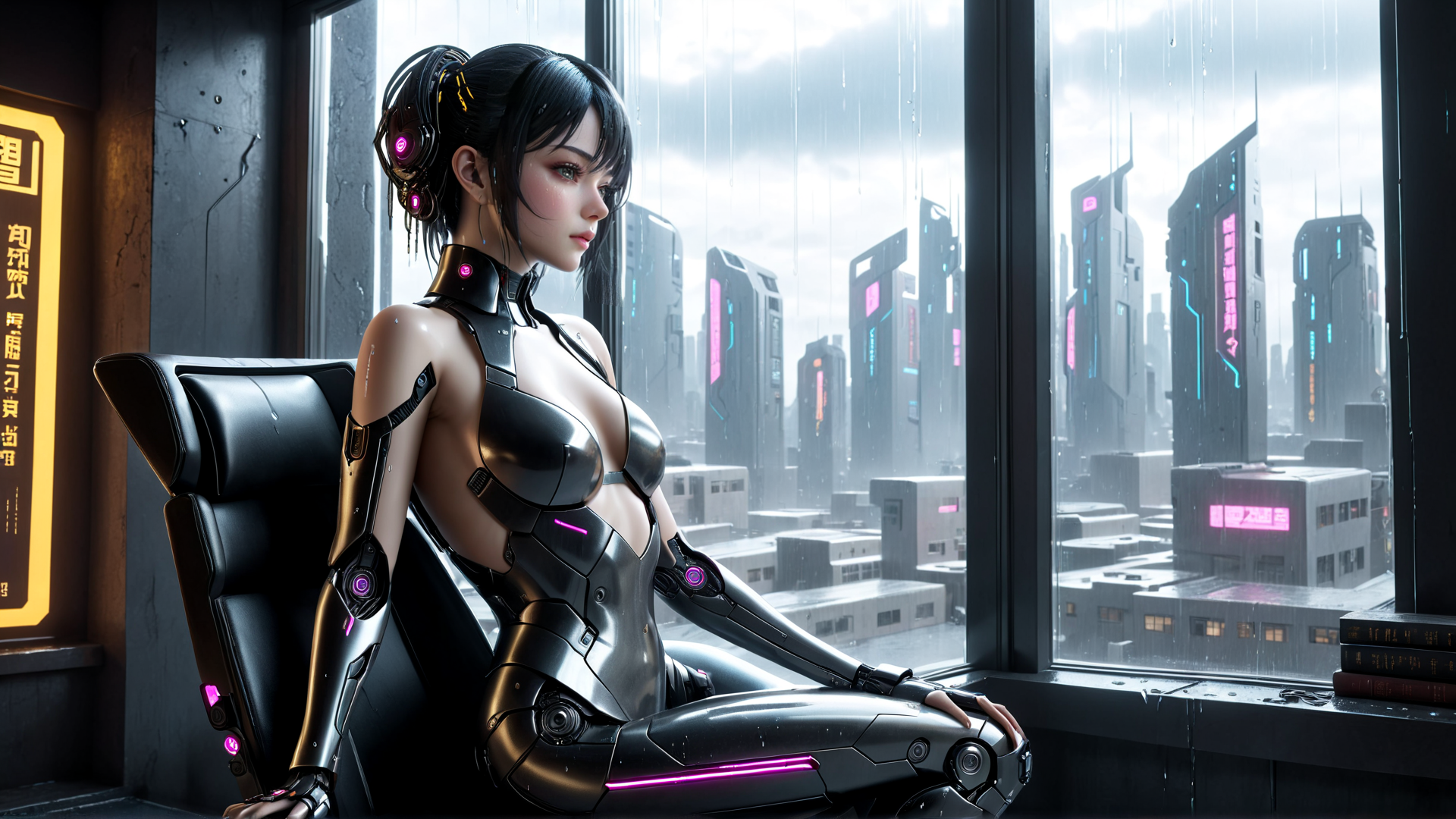 AI generated wallpaper featuring cyborg, woman, cityscape
