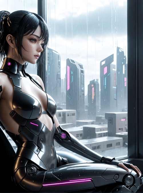 cyborg, woman, cityscape