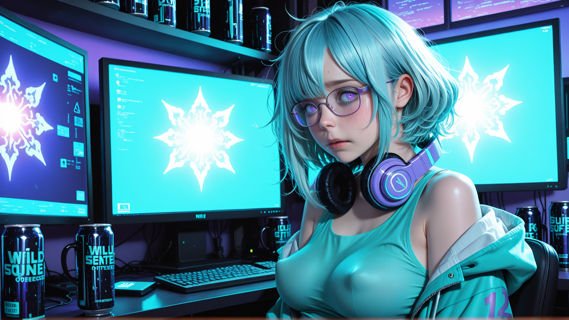 AI generated wallpaper featuring girl, gamer, headphones, monitor, can