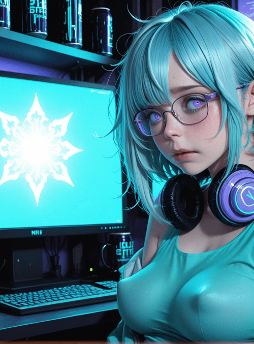 girl, gamer, headphones, monitor, can