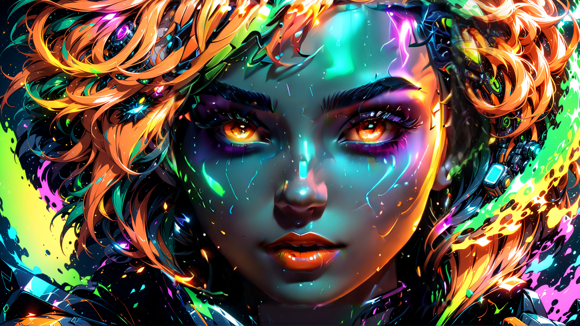 AI generated wallpaper featuring cyborg, woman, neon