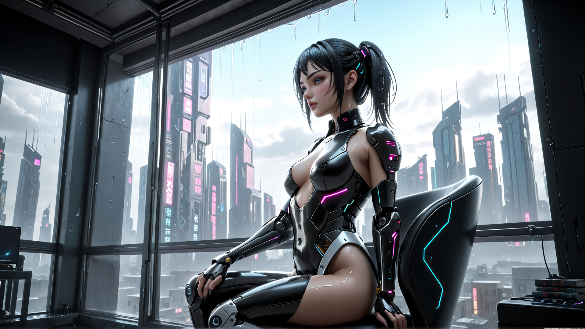 AI generated wallpaper featuring cyborg, woman, cityscape