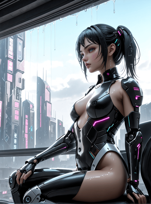 cyborg, woman, cityscape