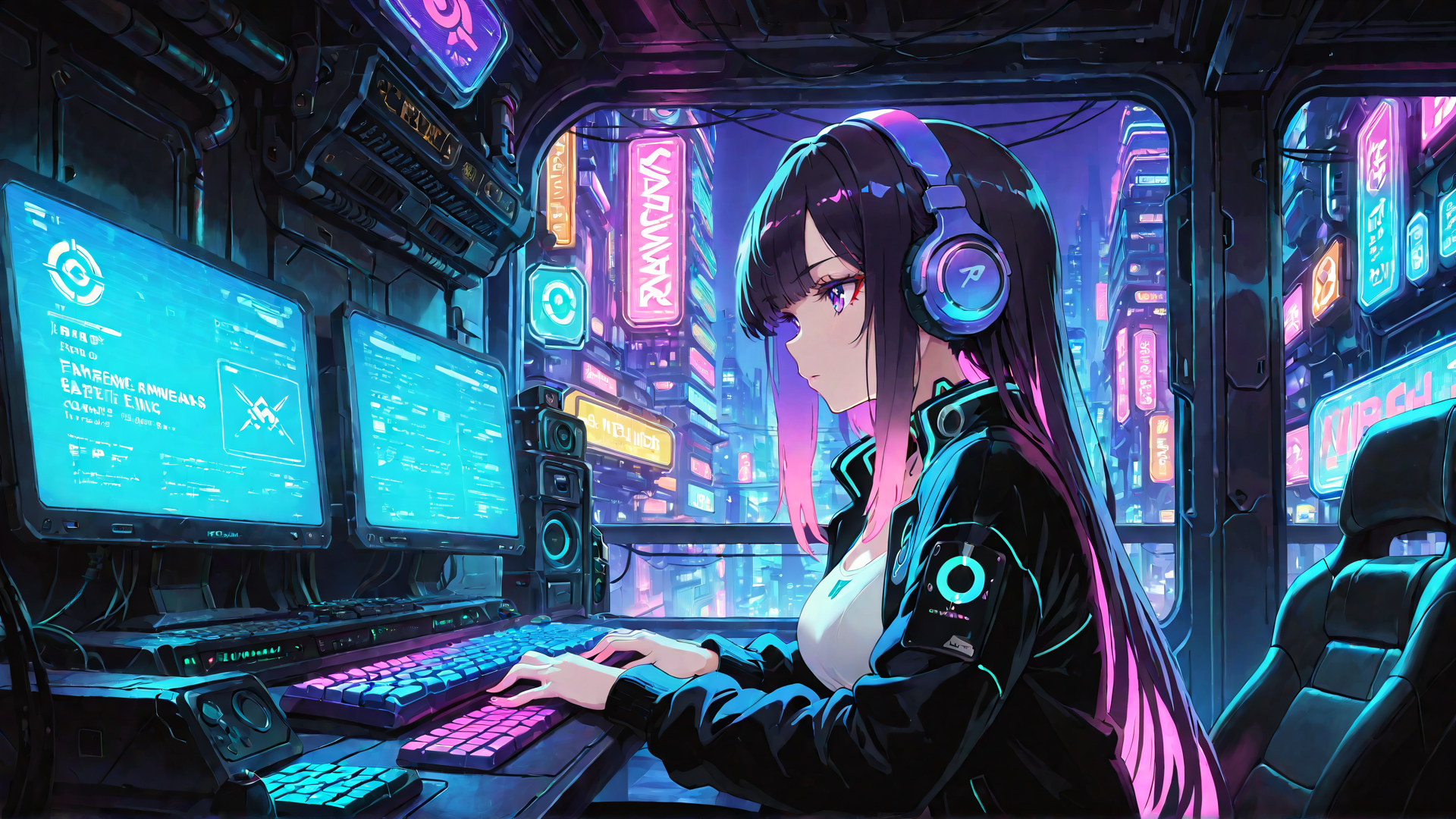 AI generated wallpaper featuring girl, cyberpunk, computer