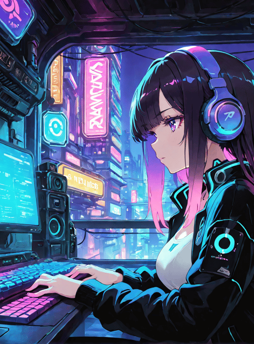 girl, cyberpunk, computer