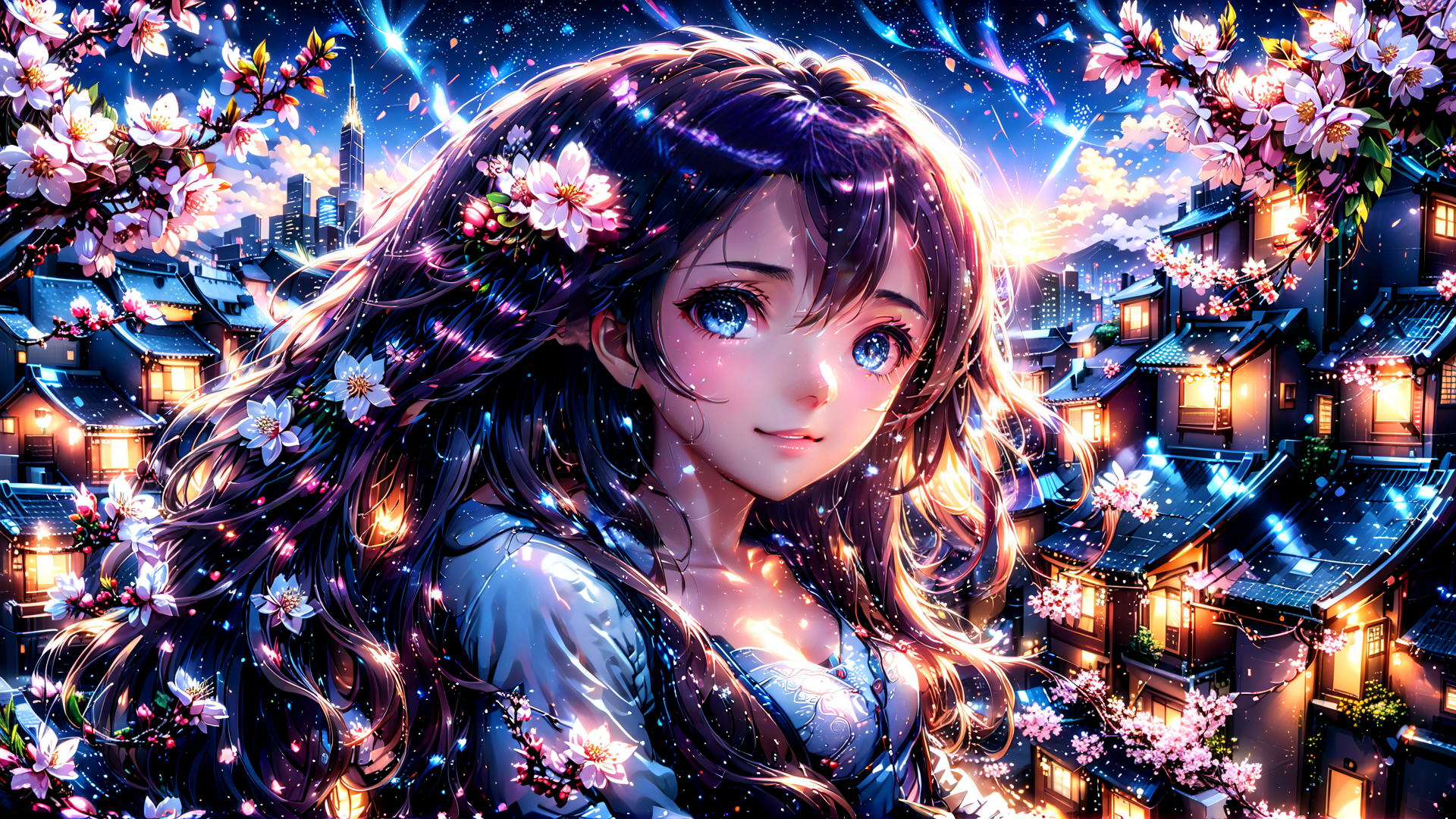 AI generated wallpaper featuring girl, cherry blossoms, city