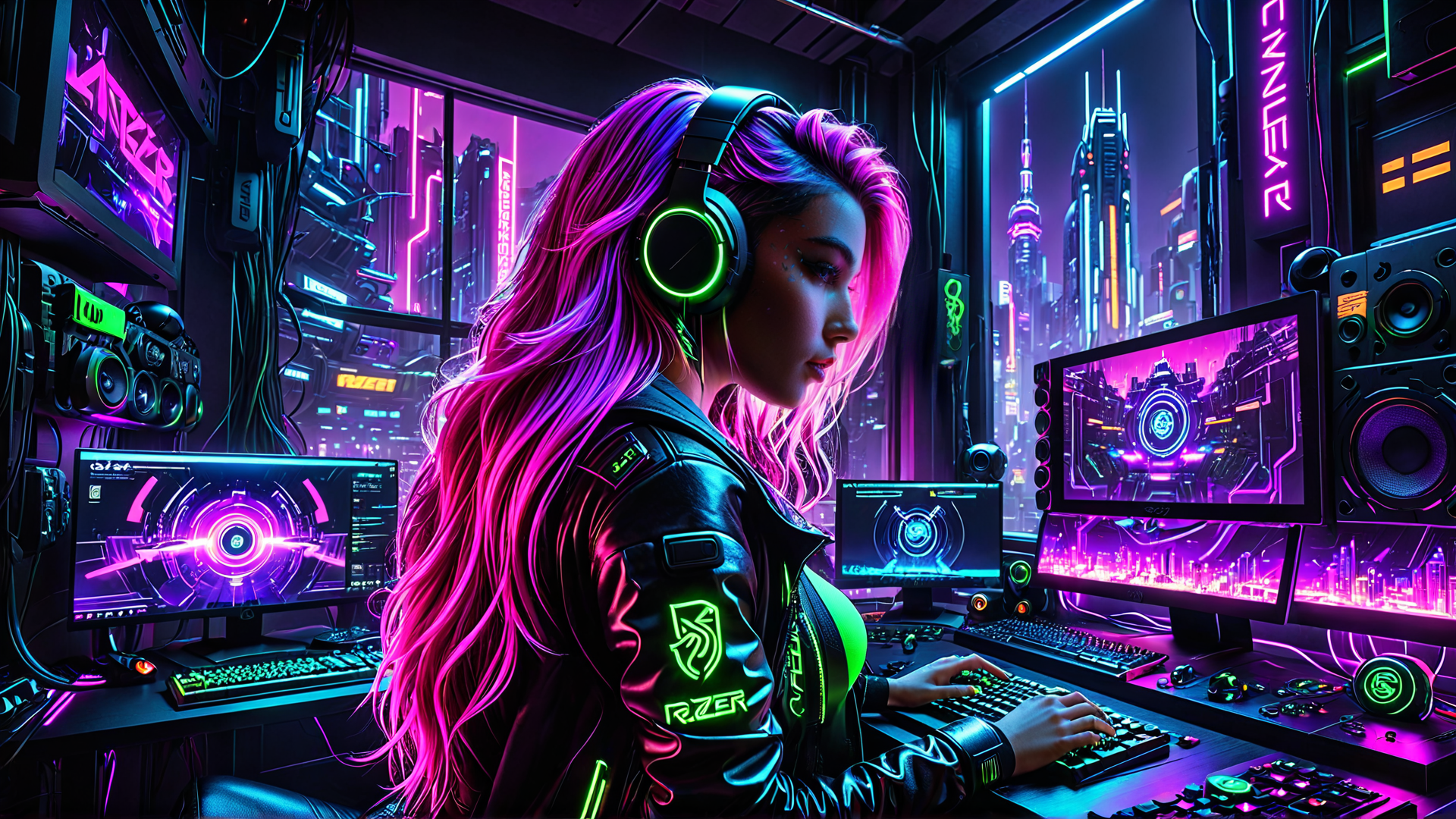 AI generated wallpaper featuring gamer, woman, computer