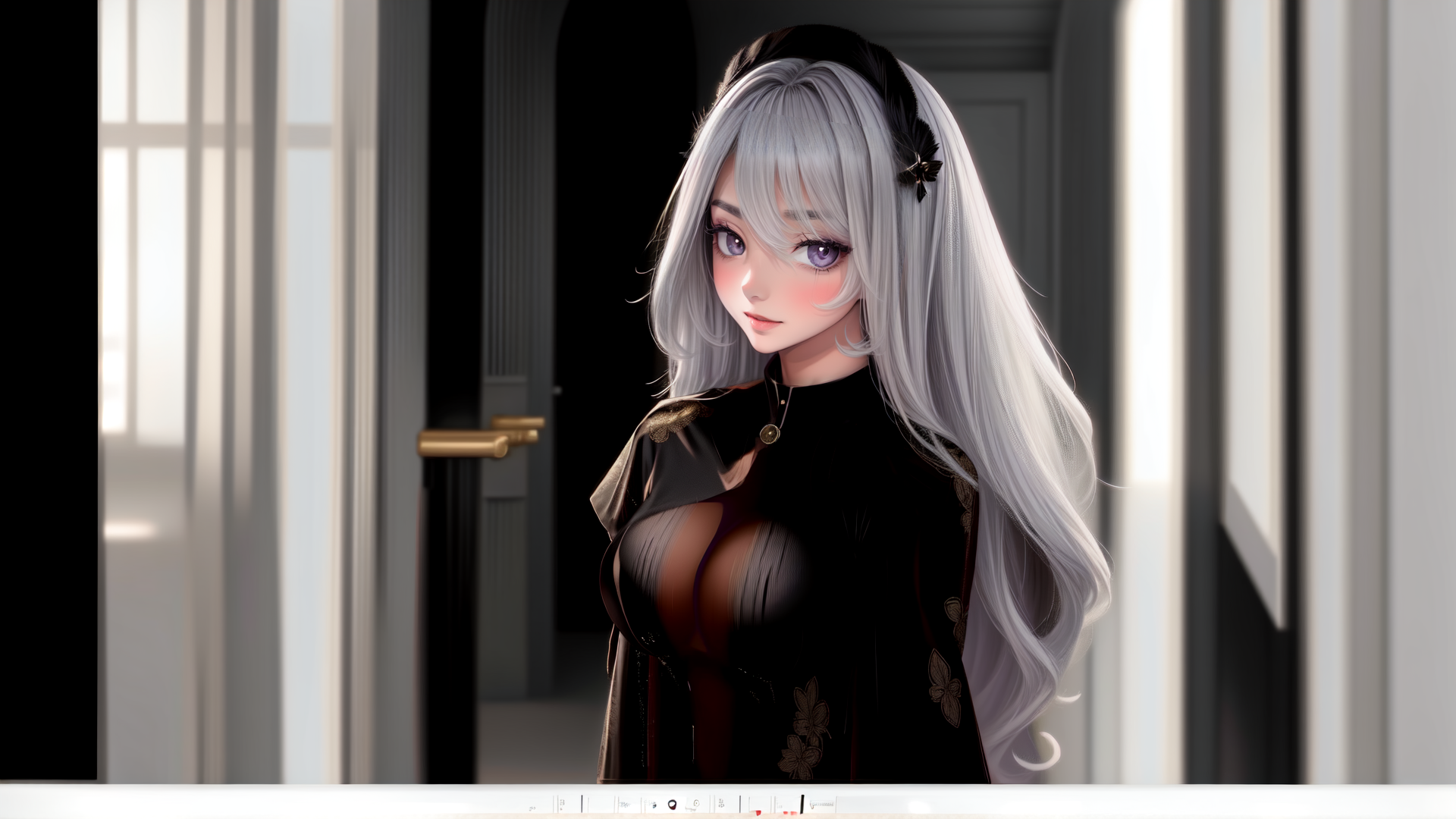 AI generated wallpaper featuring anime girl, silver hair, black outfit