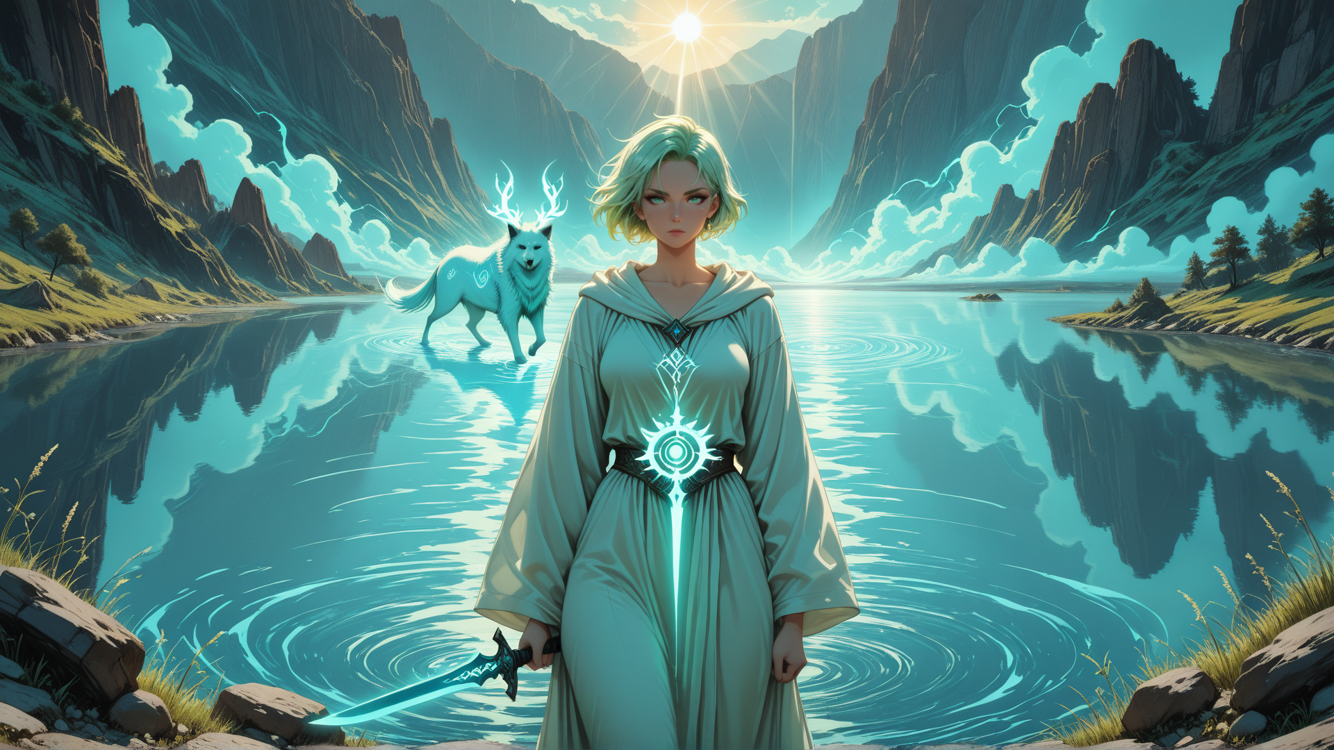 AI generated wallpaper featuring woman, wolf, sword, lake, mountains
