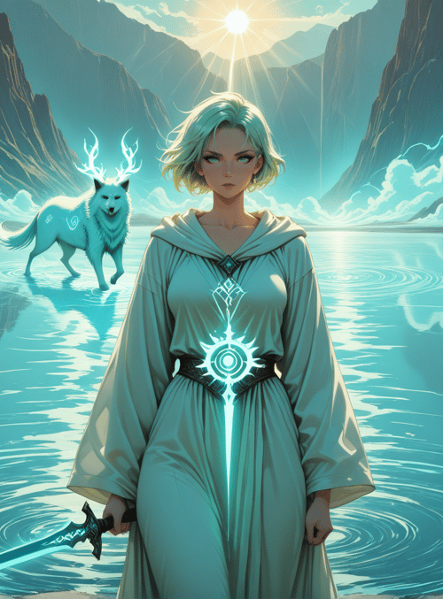 woman, wolf, sword, lake, mountains