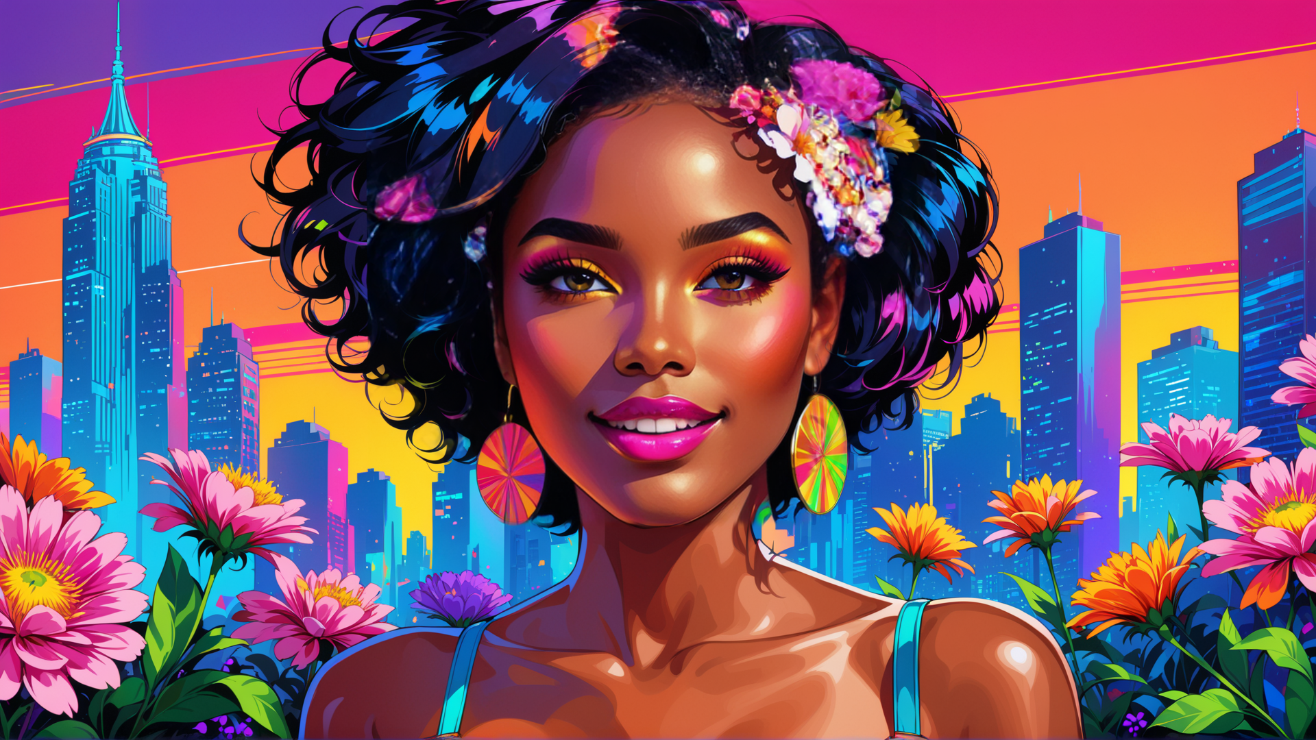 AI generated wallpaper featuring woman, cityscape, flowers