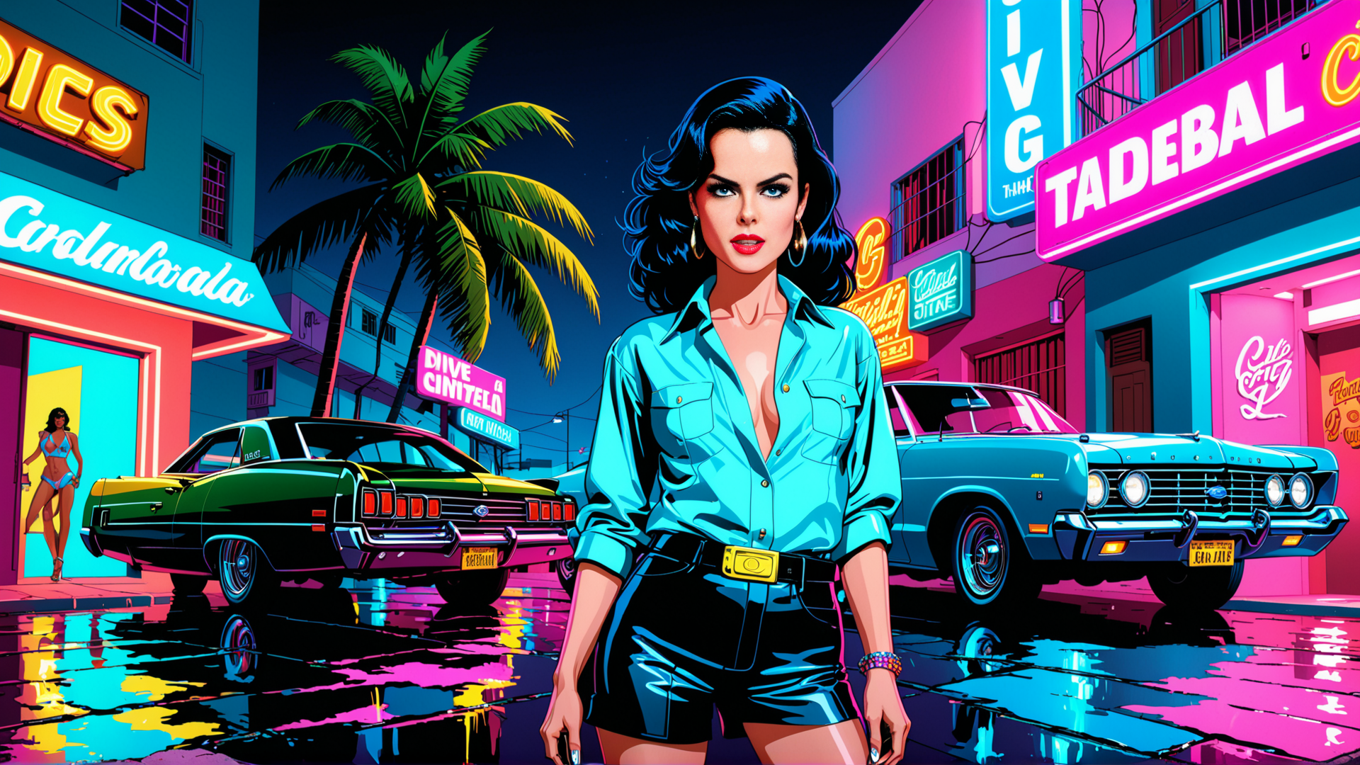 AI generated wallpaper featuring woman, street, cars