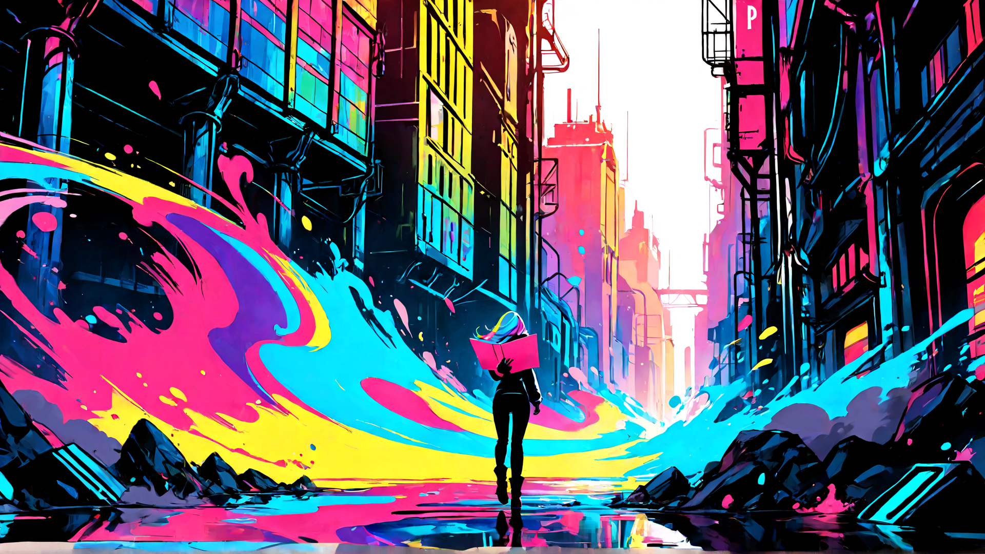 AI generated wallpaper featuring person, city, street, building, paint, book