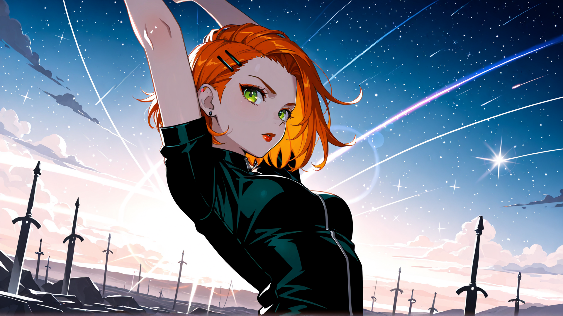 AI generated wallpaper featuring anime girl, swords, stars, sky