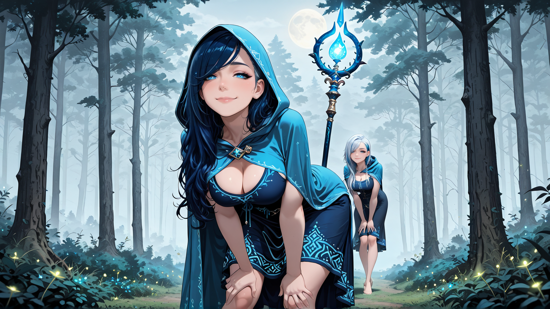 AI generated wallpaper featuring witch, forest, fairy, magic staff, moon, trees, woman, glowing flowers, hooded cloak, fairy