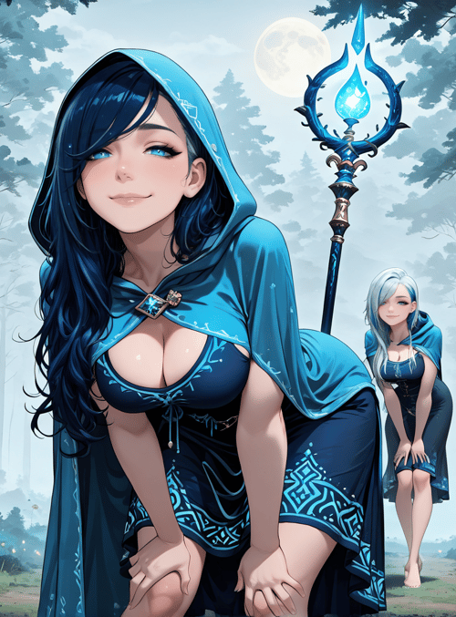 witch, forest, fairy, magic staff, moon, trees, woman, glowing flowers, hooded cloak, fairy
