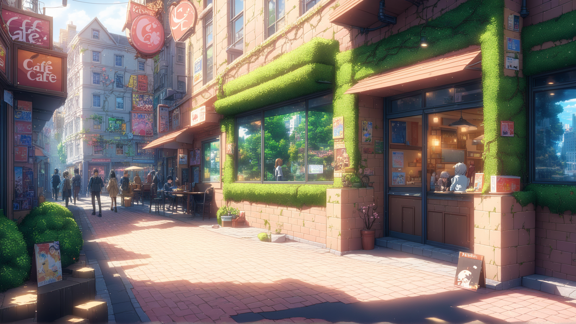 AI generated wallpaper featuring cafe, street, anime