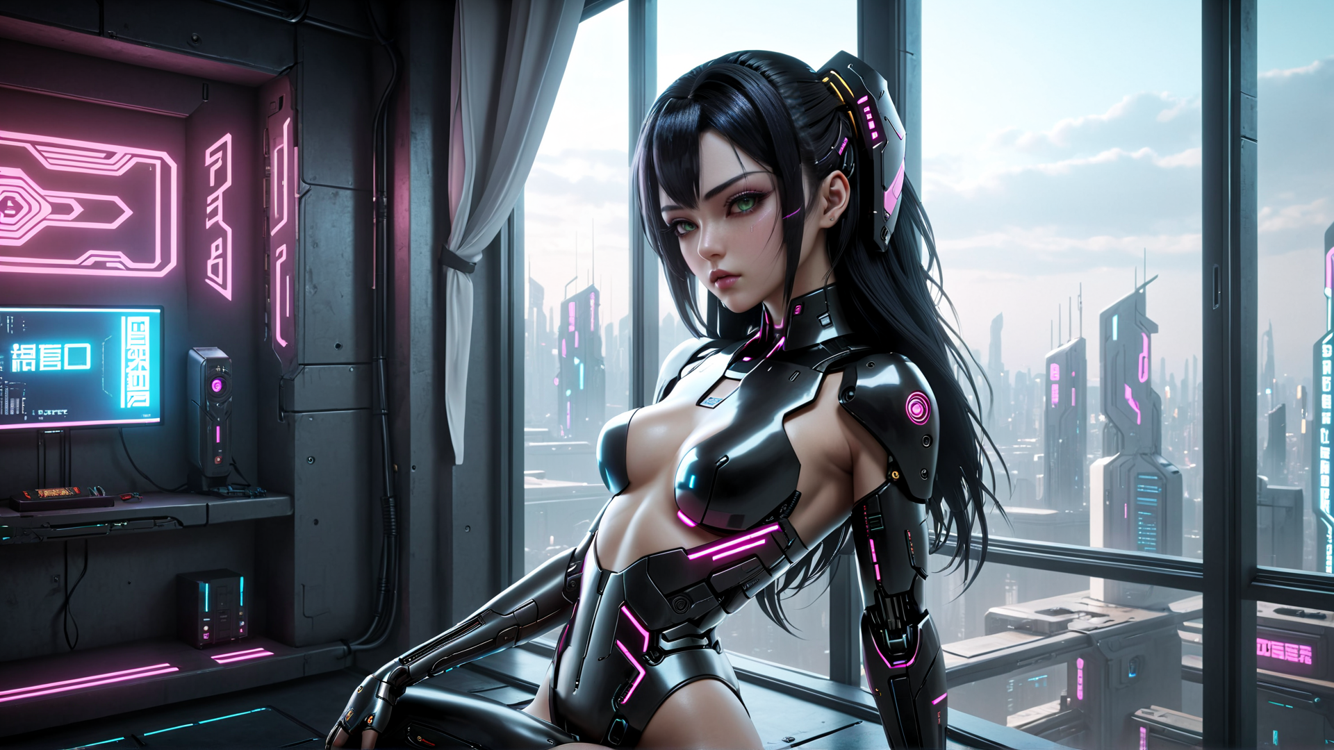 AI generated wallpaper featuring cyborg, woman, neon