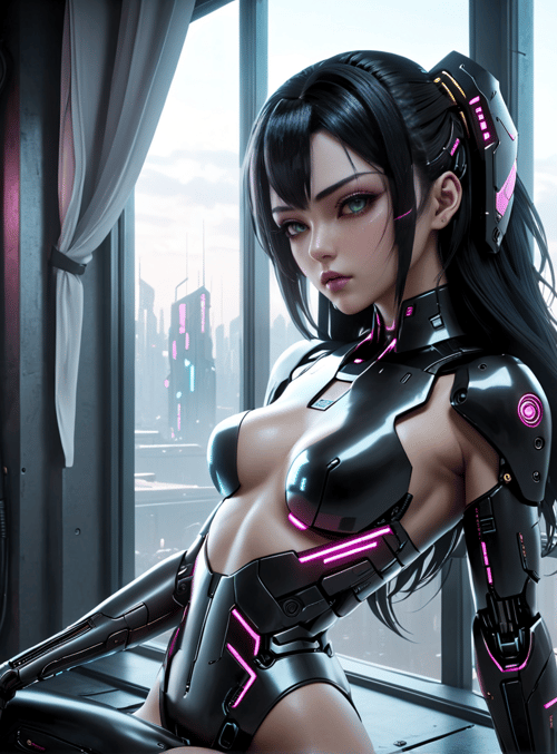cyborg, woman, neon