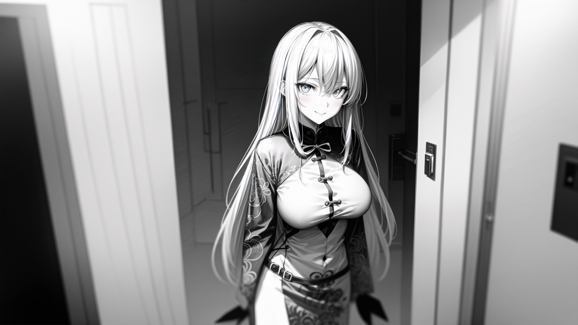 AI generated wallpaper featuring anime girl, maid outfit, doorway