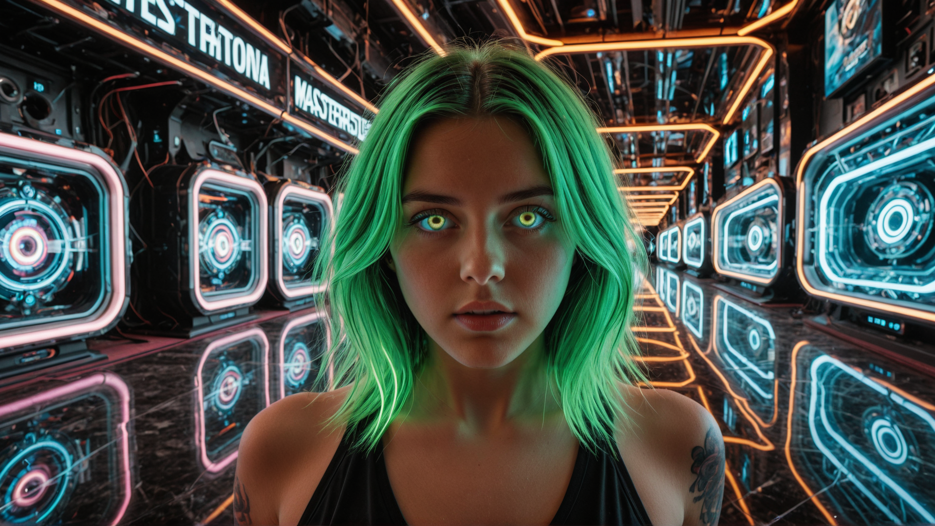 AI generated wallpaper featuring woman, neon, glasses, corridor, tattoo