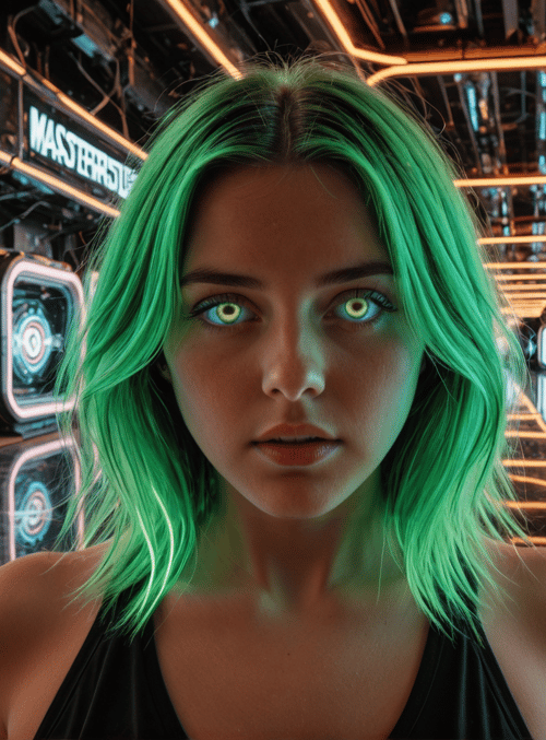 woman, neon, glasses, corridor, tattoo