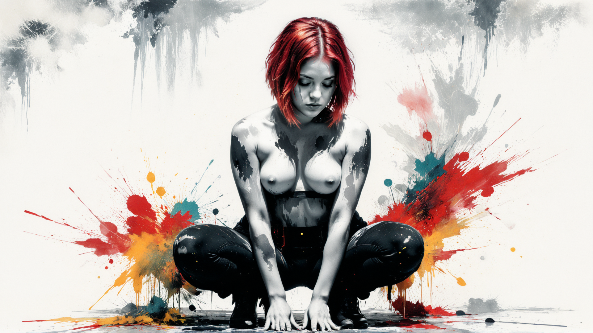 AI generated wallpaper featuring woman, paint, sitting, art, figure, red hair, ink, splatter, crouching, hands