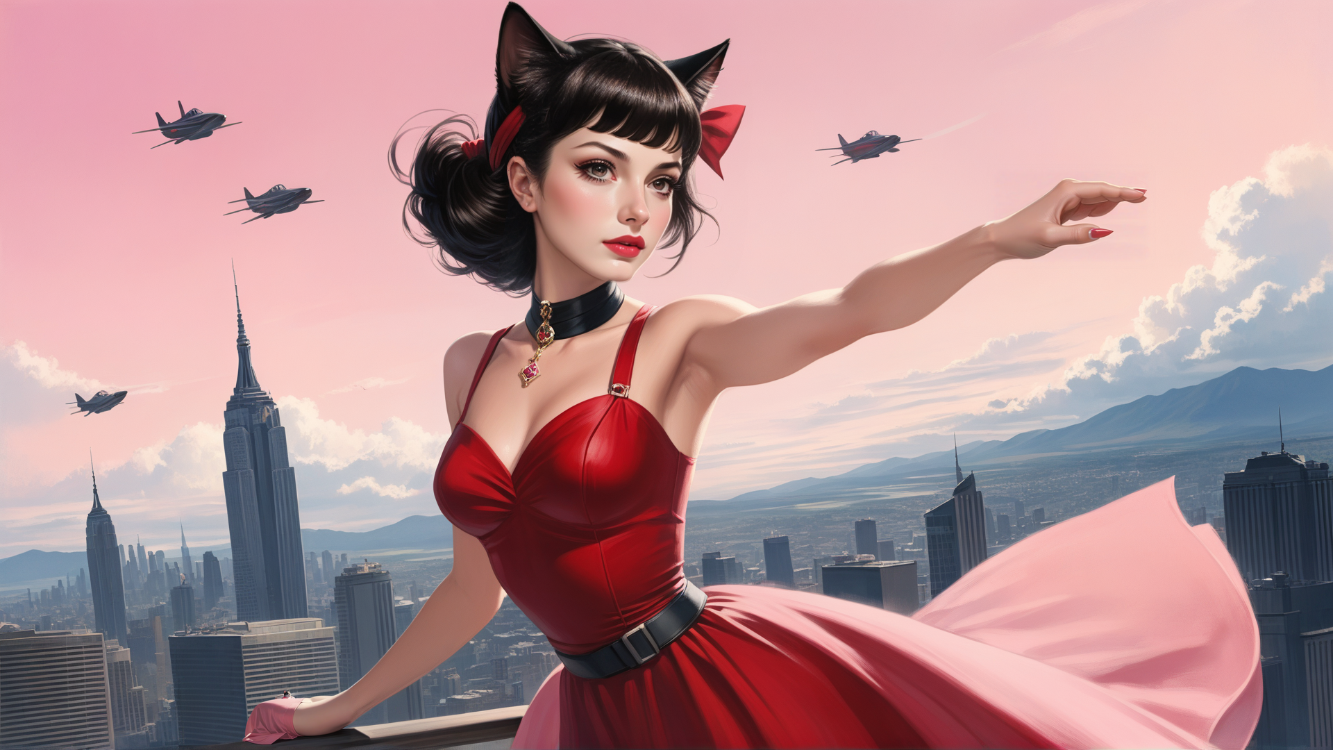 AI generated wallpaper featuring woman, cat ears, cityscape, airplanes, dress