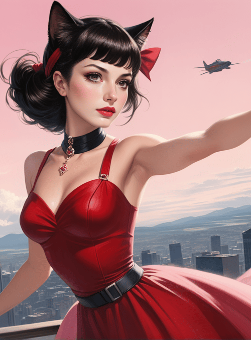 woman, cat ears, cityscape, airplanes, dress