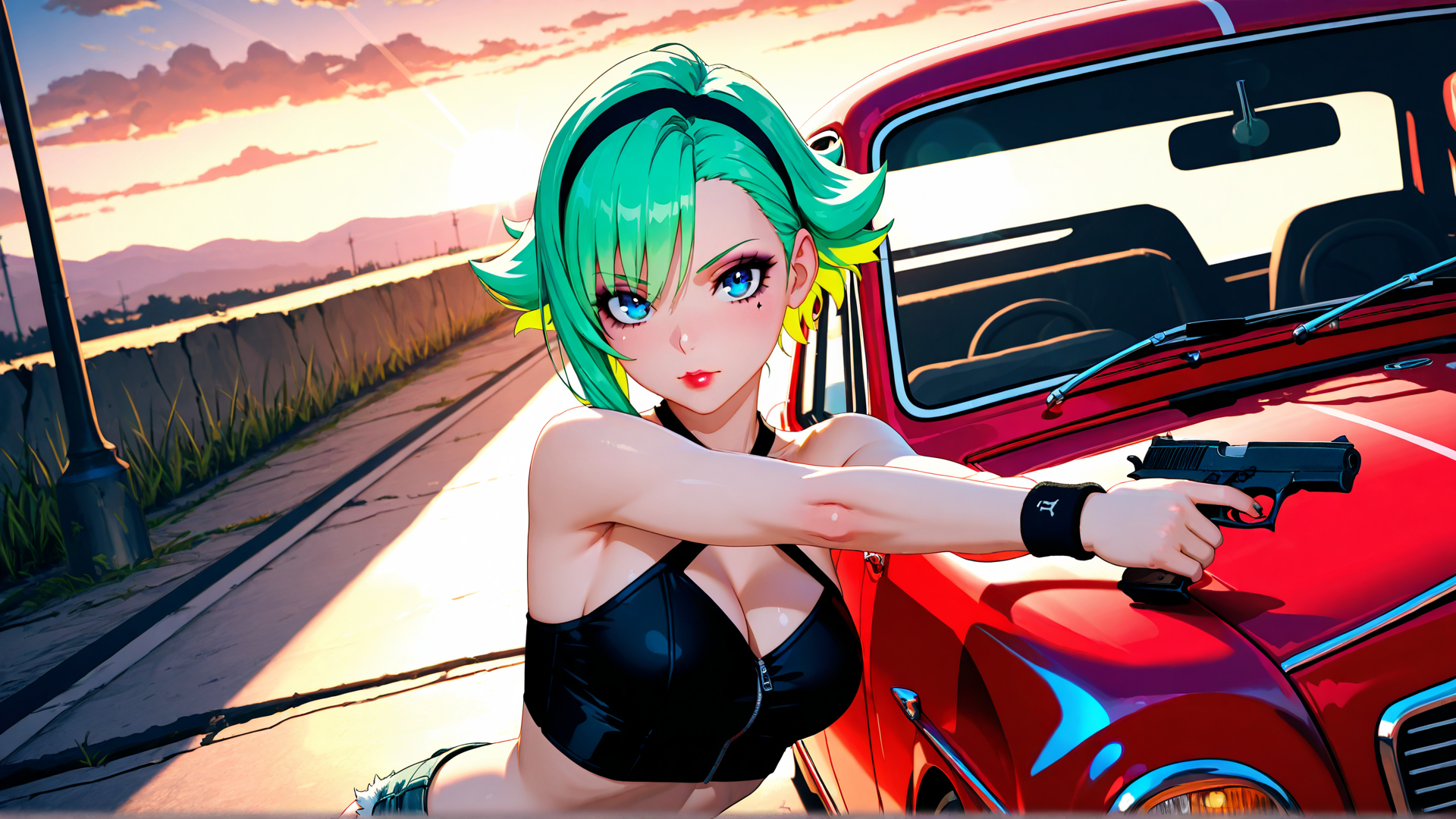 AI generated wallpaper featuring woman, gun, car, road, sunset