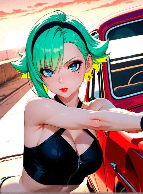 woman, gun, car, road, sunset