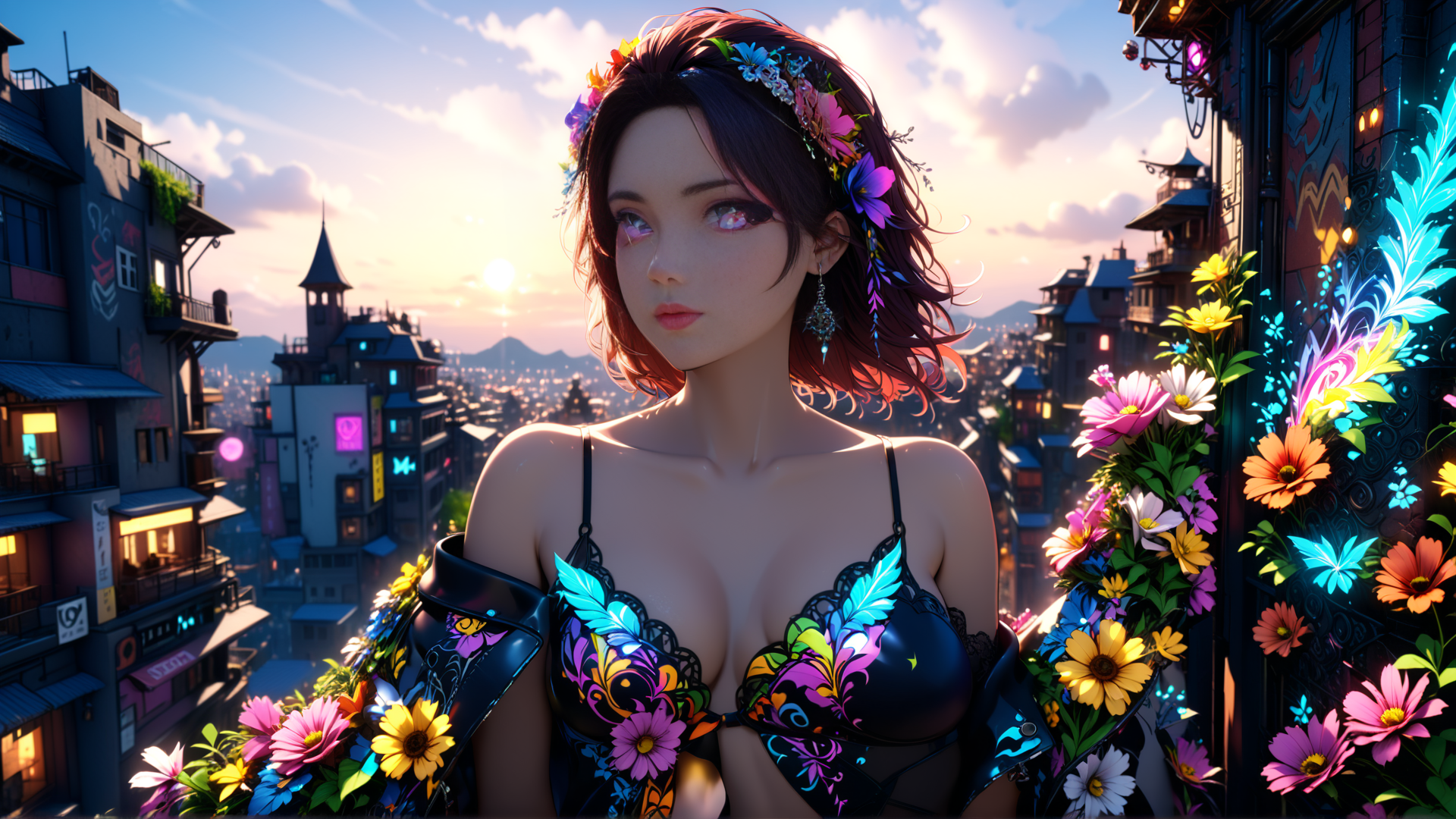 AI generated wallpaper featuring woman, flowers, city