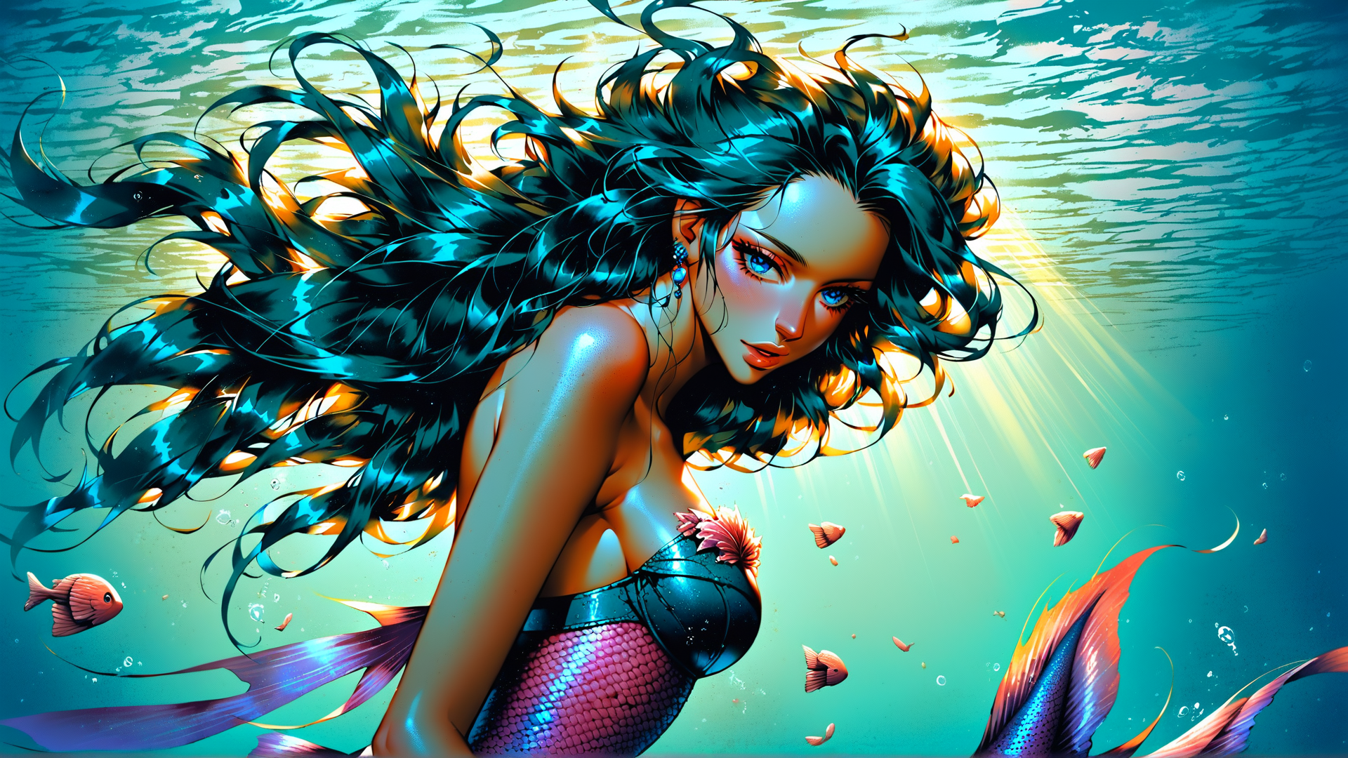 AI generated wallpaper featuring mermaid, fish, sunlight, water