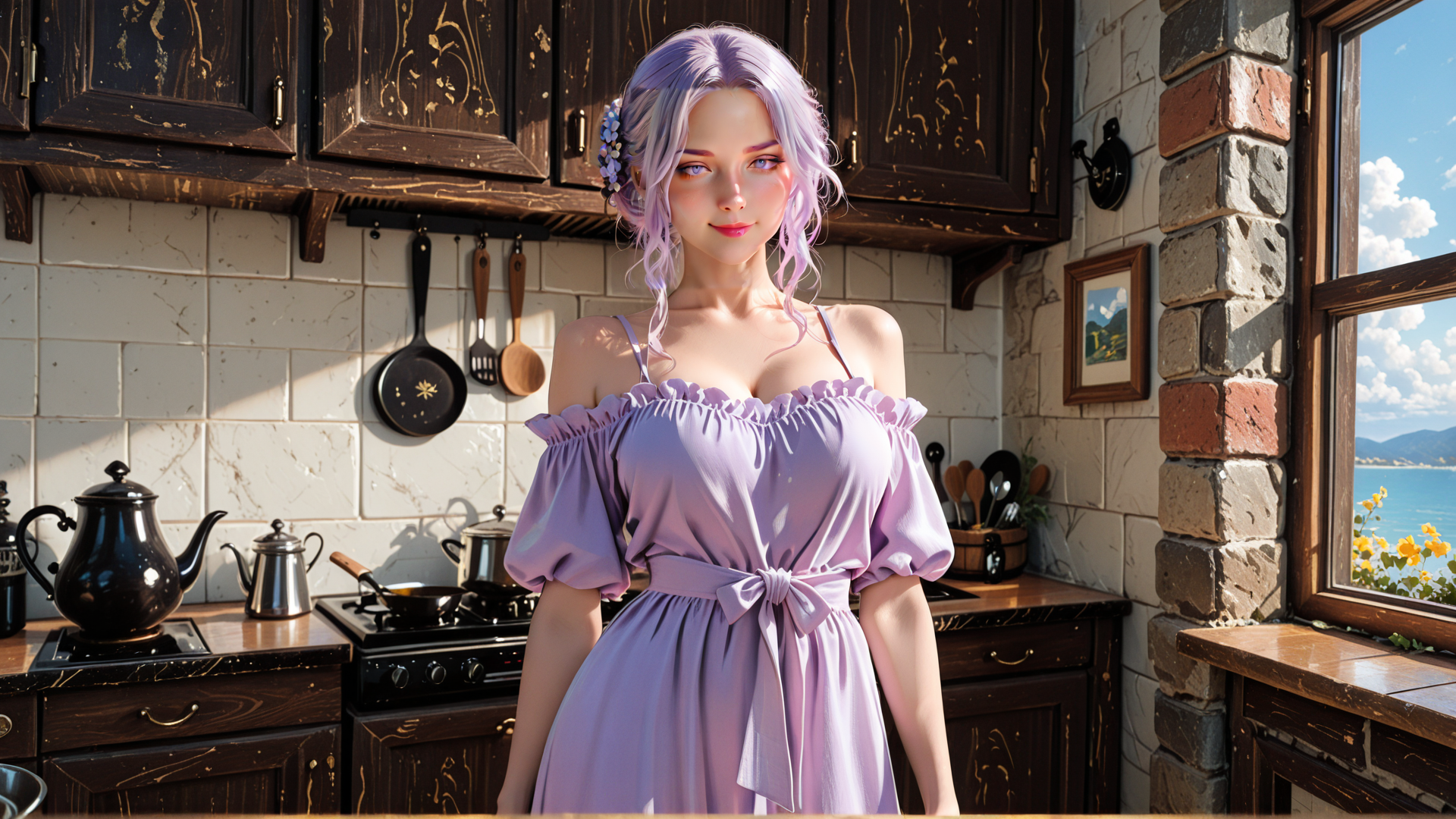 AI generated wallpaper featuring woman, dress, kitchen, teapot, cabinet, window, flowers, pan, spoon, cookware