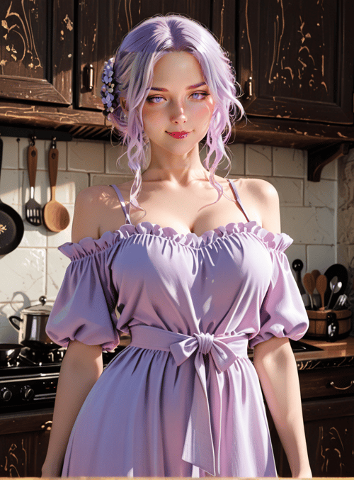 woman, dress, kitchen, teapot, cabinet, window, flowers, pan, spoon, cookware