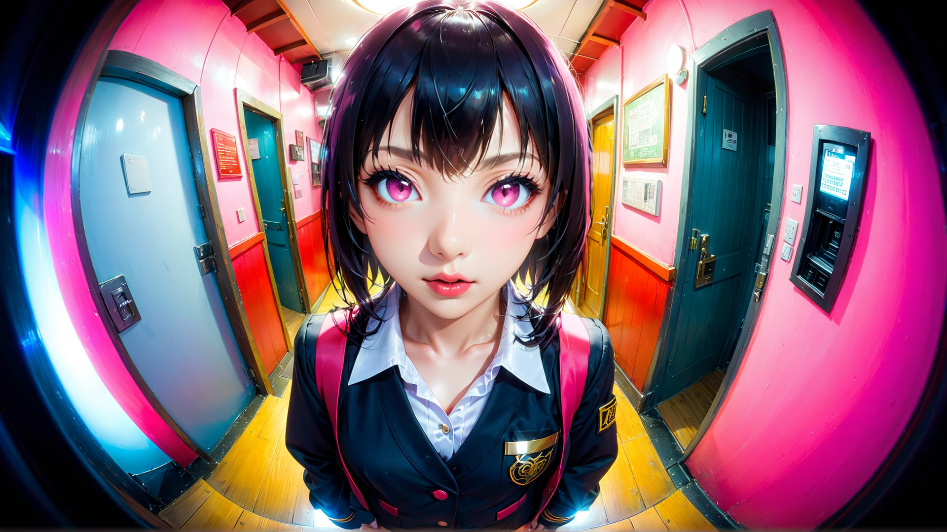 AI generated wallpaper featuring girl, school uniform, corridor, doors, backpack, anime, fisheye