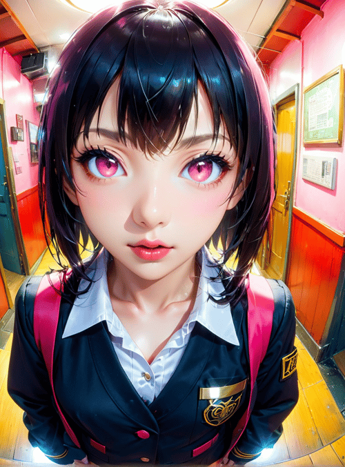 girl, school uniform, corridor, doors, backpack, anime, fisheye