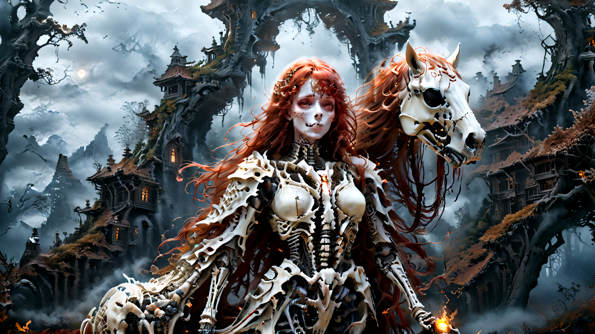 AI generated wallpaper featuring skeleton woman, skeleton horse, ancient tree, floating castle, red hair
