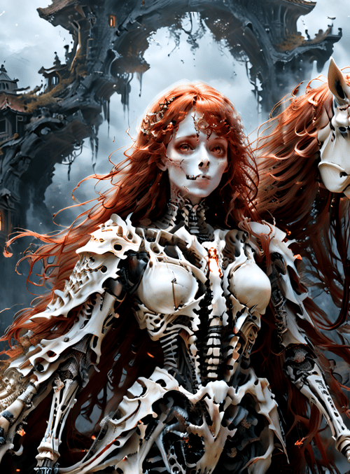 skeleton woman, skeleton horse, ancient tree, floating castle, red hair