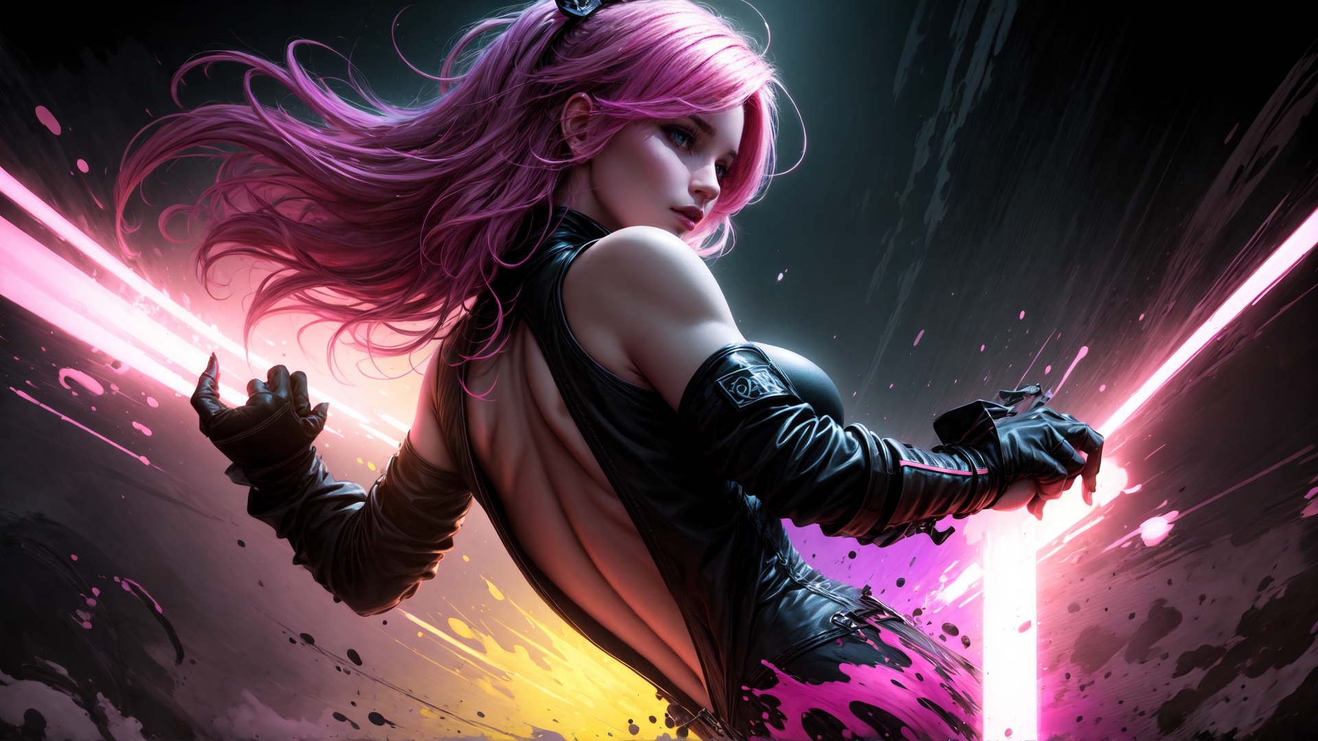 AI generated wallpaper featuring woman, cyberpunk, gloves, hair, light