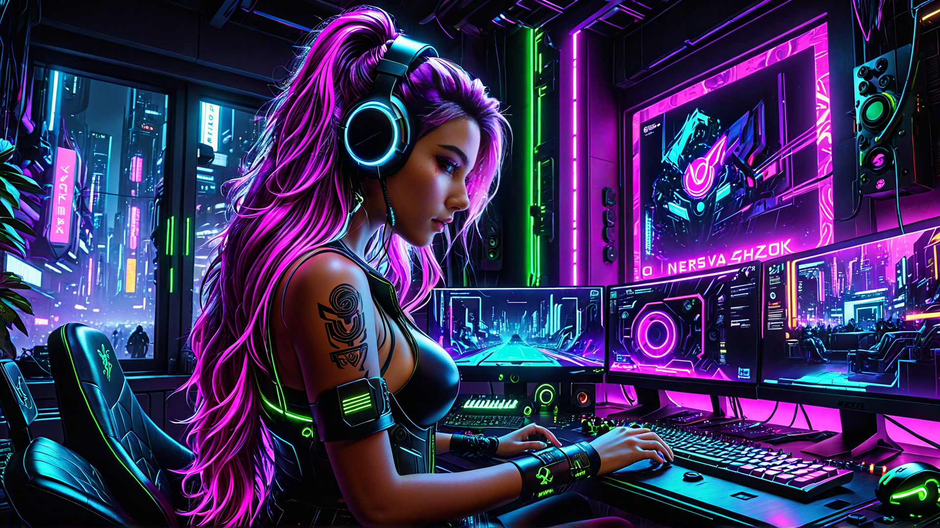 AI generated wallpaper featuring woman, gamer, cyberpunk