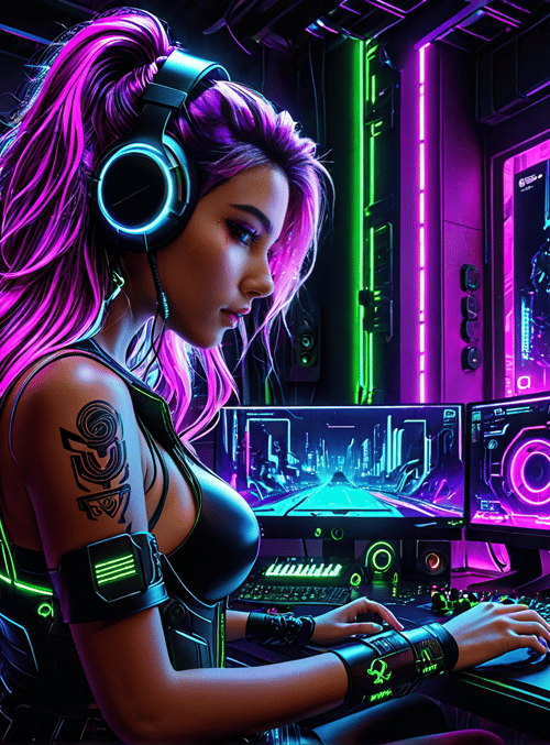 woman, gamer, cyberpunk